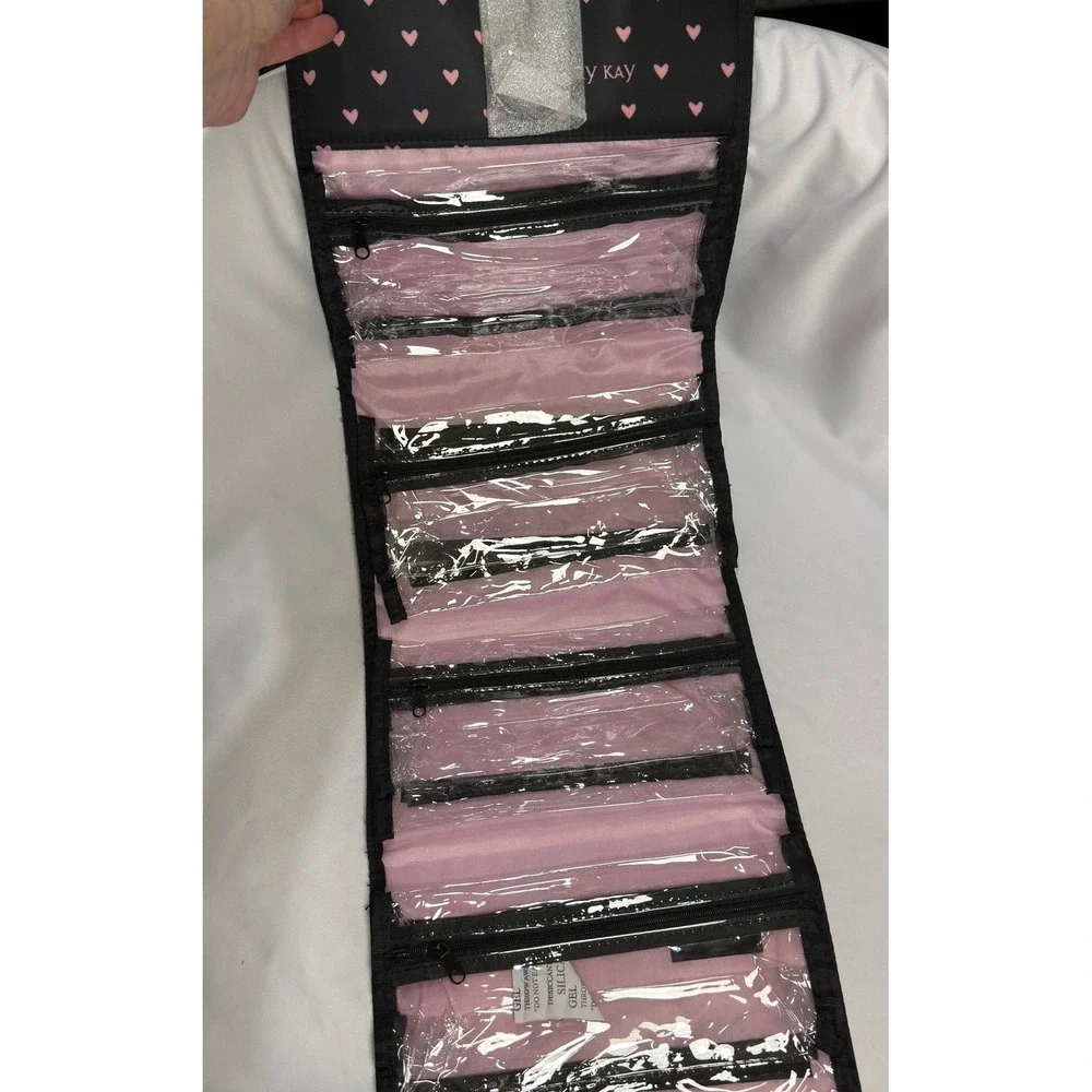 New Mary Kay Travel Roll-Up Bag Black Pink Heart Cosmetic Organizer Hanging